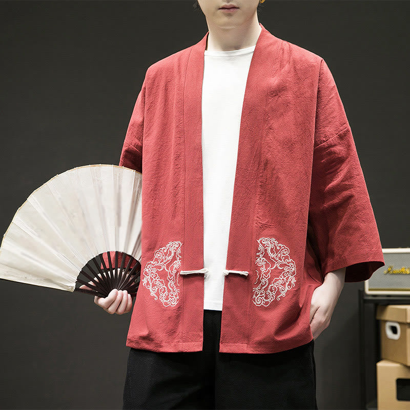 Buddha Stones Chinesischer Frosch-Knopf-Design Offene Frontjacke Herren-Kimono aus Baumwolle und Leinen mit langen Ärmeln - OrangeRot - US/ UK/AU46，EU56 (5XL) - image 14