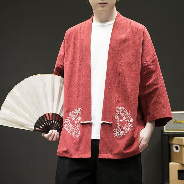Buddha Stones Chinesischer Frosch-Knopf-Design Offene Frontjacke Herren-Kimono aus Baumwolle und Leinen mit langen Ärmeln - OrangeRot - US/ UK/AU46，EU56 (5XL) - image 14