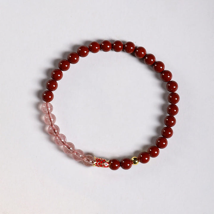 Buddha Stones Natürlicher Zinnoberrosa Kristall Erdbeerquarz Glücksbringer Koi Fisch Segensarmband - Zinnober (5 mm), Erdbeerquarz und kleiner Koi - image 9