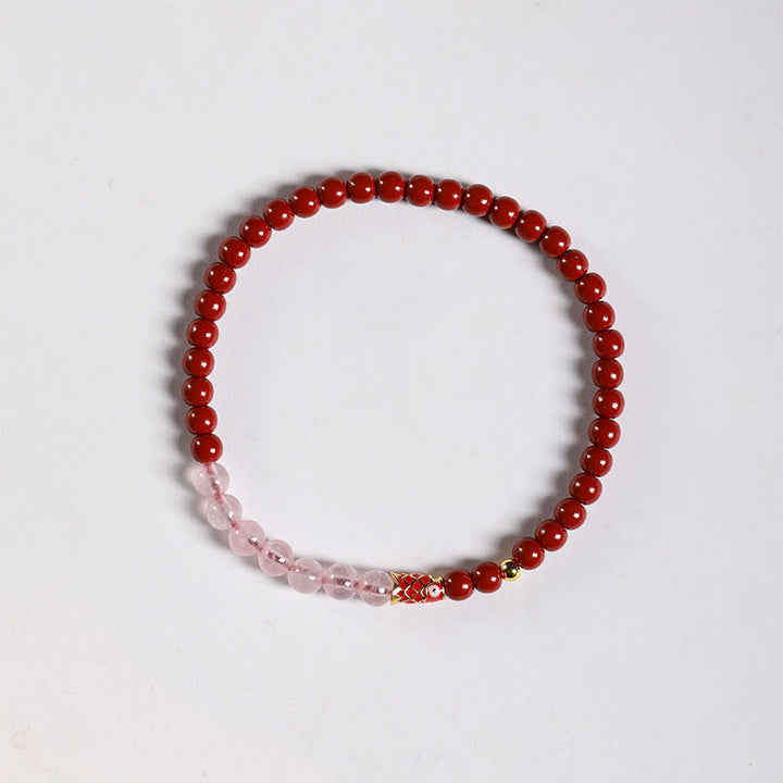 Buddha Stones Natürlicher Zinnoberrosa Kristall Erdbeerquarz Glücksbringer Koi Fisch Segensarmband - Zinnober-4 mm & rosa Kristall & kleiner Koi - image 12
