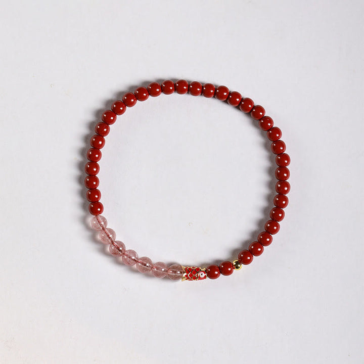 Buddha Stones Natürlicher Zinnoberrosa Kristall Erdbeerquarz Glücksbringer Koi Fisch Segensarmband - Zinnober-4mm & Erdbeerquarz & kleiner Koi - image 11