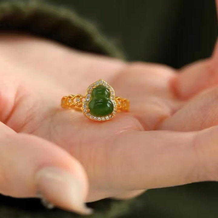Buddha Stones Vintage Kürbis Grüner Chalcedon Kupfer Vergoldet Verstellbarer Reichtumsring