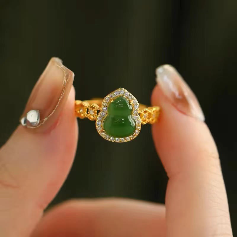 Buddha Stones Vintage Kürbis Grüner Chalcedon Kupfer Vergoldet Verstellbarer Reichtumsring