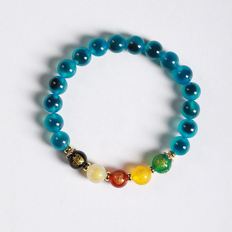 Buddha Stones Natürliches buntes Candy-Achat-Armband mit fünf Göttern des Reichtums und Harmonie - Blauer Candy-Achat (Handgelenkumfang: 14–15 cm) - image 1