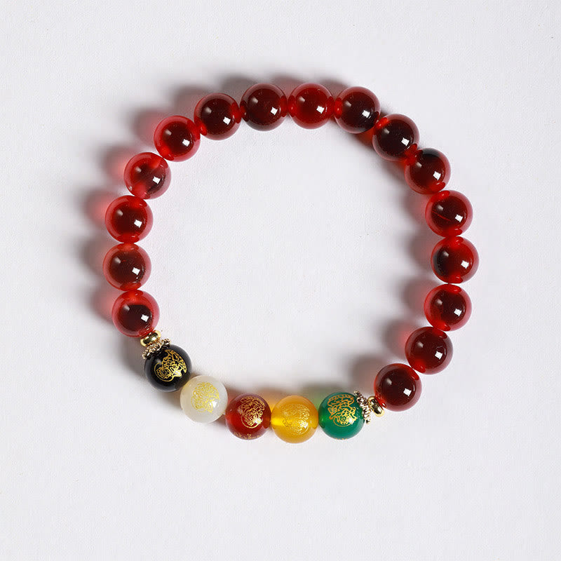 Buddha Stones Natürliches buntes Candy-Achat-Armband mit fünf Göttern des Reichtums und Harmonie - Roter Candy-Achat (Handgelenkumfang: 14–15 cm) - image 2