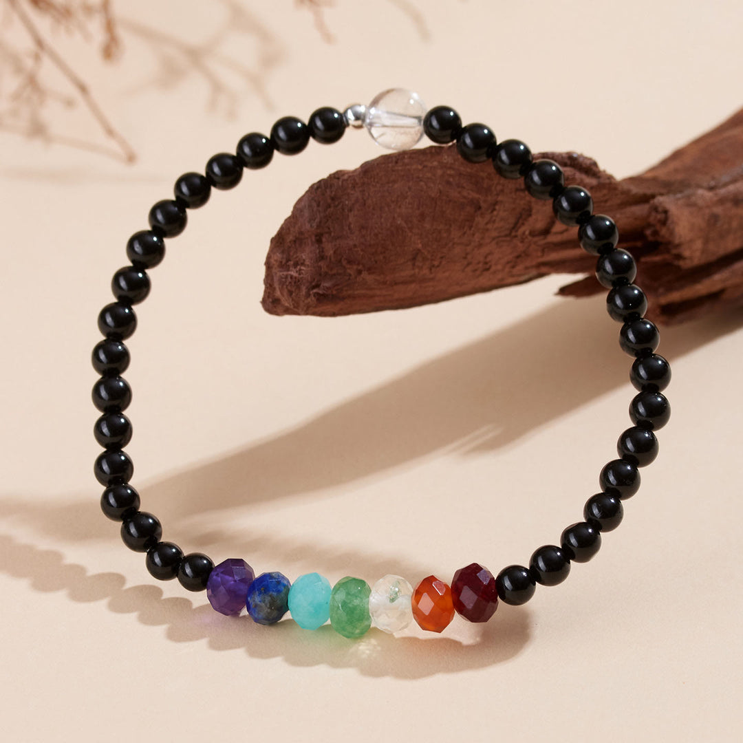 Buddha Stones Armband aus ultrafeinem, 4 mm schwarzem Turmalin und bunten Steinen - Schwarzer Turmalin (Handgelenkumfang: 15–16 cm) - image 1
