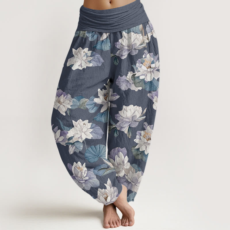 Buddha Stones Lässige, elegante Haremshose mit Lotus-Print-Design für Damen mit elastischer Taille - HellSchiefergrau - US22， UK/AU26，EU54 (6XL) - image 1
