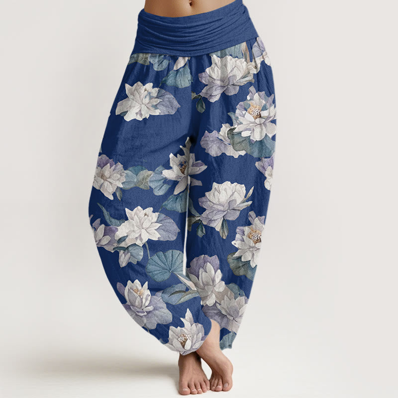 Buddha Stones Lässige, elegante Haremshose mit Lotus-Print-Design für Damen mit elastischer Taille - Königsblau - US22, UK/AU26, EU54 (6XL) - image 4