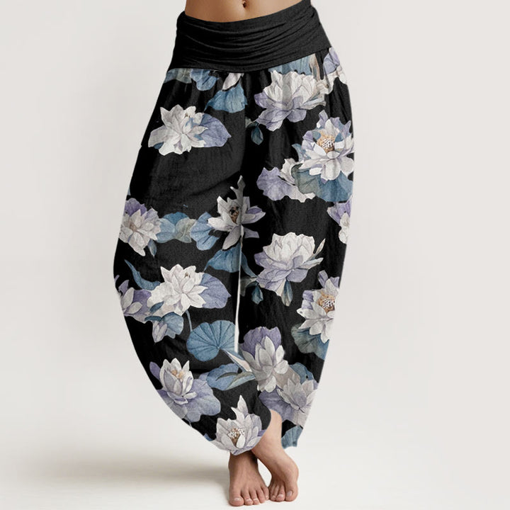 Buddha Stones Lässige, elegante Haremshose mit Lotus-Print-Design für Damen mit elastischer Taille - Schwarz - US22， UK/AU26，EU54 (6XL) - image 8
