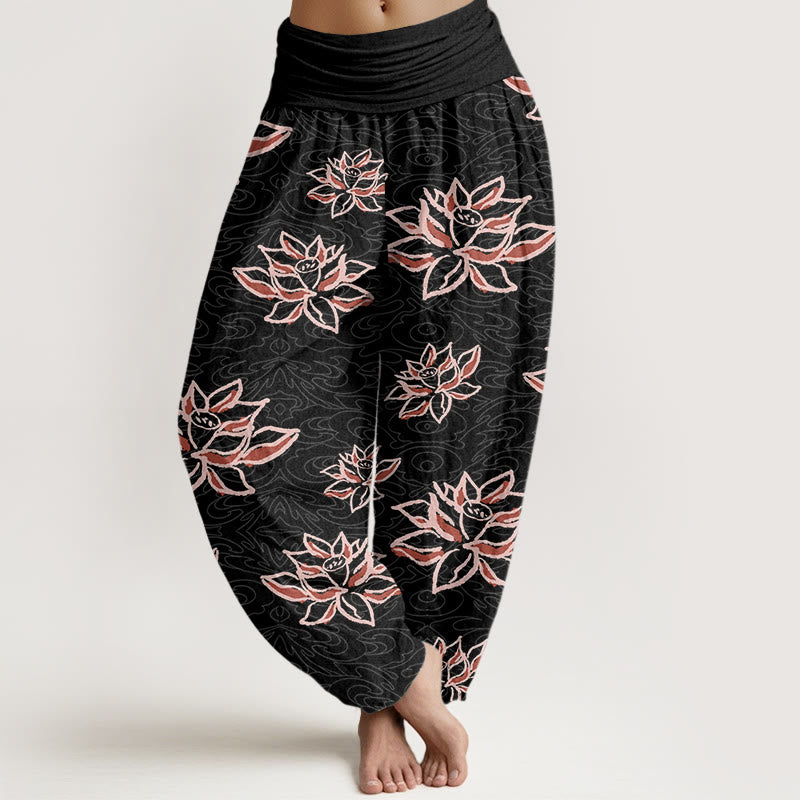 Lässige Haremshose mit Lotuslinienmuster für Damen mit elastischer Taille und Buddha Stones - Schwarz - US22， UK/AU26，EU54 (6XL) - image 1