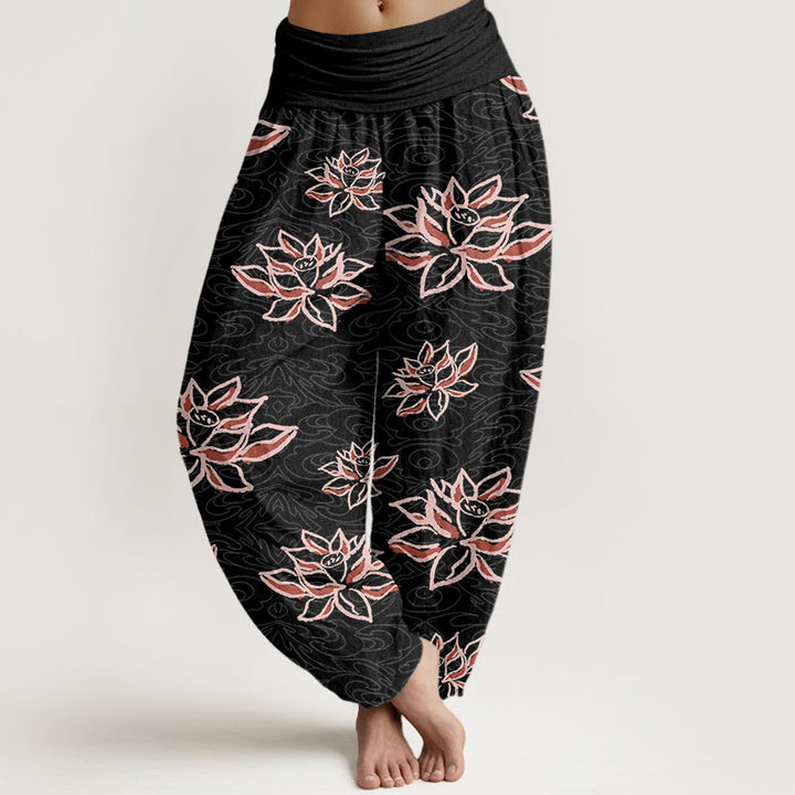 Lässige Haremshose mit Lotuslinienmuster für Damen mit elastischer Taille und Buddha Stones - Schwarz - US22， UK/AU26，EU54 (6XL) - image 1