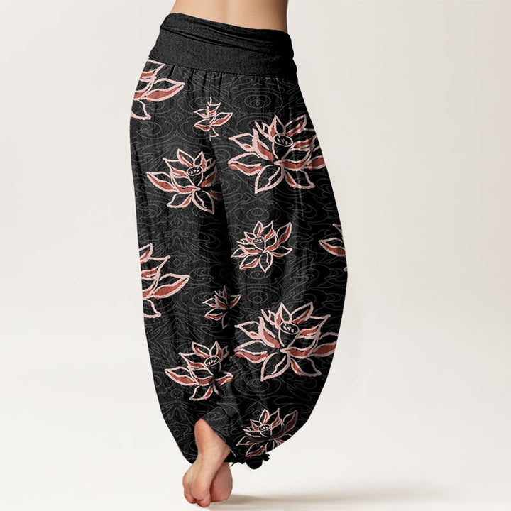 Lässige Haremshose mit Lotuslinienmuster für Damen mit elastischer Taille und Buddha Stones - image 3