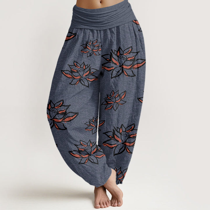 Lässige Haremshose mit Lotuslinienmuster für Damen mit elastischer Taille und Buddha Stones - Mitternachtsblau - US22， UK/AU26，EU54 (6XL) - image 8