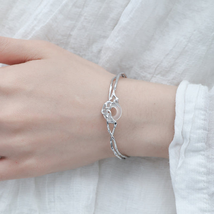 Buddha Stones 925 Sterling Silber Peace Schnalle Weißer Achat Schutz Armband Armreif - image 3