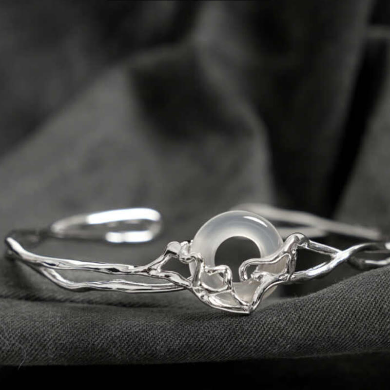 Buddha Stones 925 Sterling Silber Peace Schnalle Weißer Achat Schutz Armband Armreif - Weißer Achat (Handgelenkumfang: 13–16 cm) - image 1
