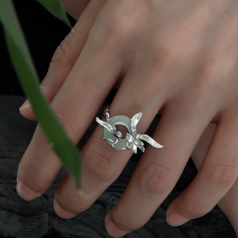 Buddha Stones 925 Sterling Silber Iris Design Peace Schnalle Quarzit Jade Balance Ring - image 2