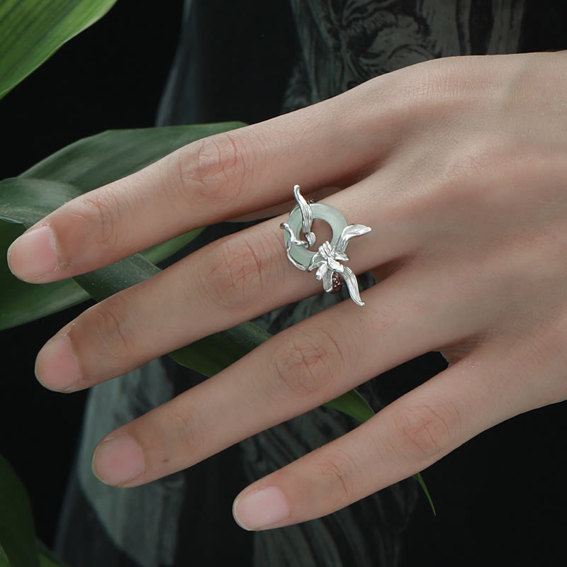 Buddha Stones 925 Sterling Silber Iris Design Peace Schnalle Quarzit Jade Balance Ring - image 4