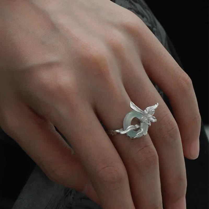 Buddha Stones 925 Sterling Silber Iris Design Peace Schnalle Quarzit Jade Balance Ring - image 3