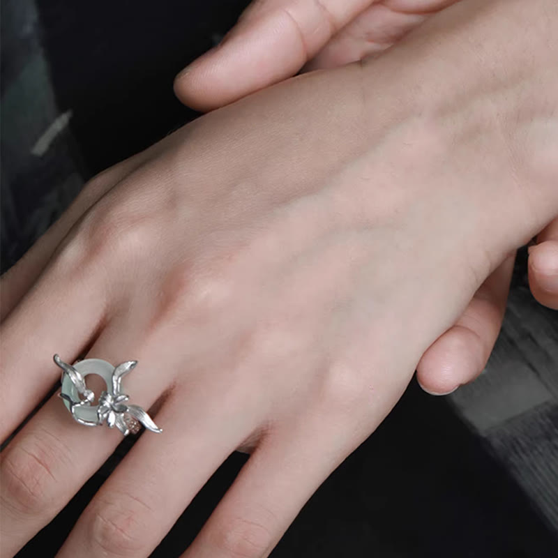 Buddha Stones 925 Sterling Silber Iris Design Peace Schnalle Quarzit Jade Balance Ring - image 10