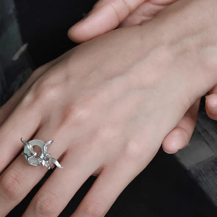 Buddha Stones 925 Sterling Silber Iris Design Peace Schnalle Quarzit Jade Balance Ring - image 10