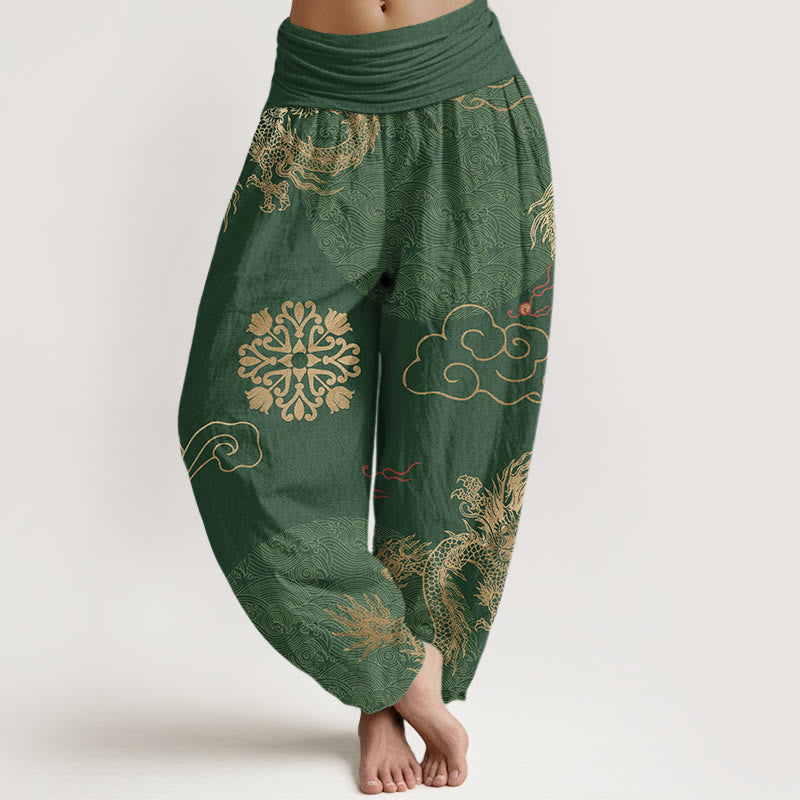 Lässige Haremshose mit goldenem Drachen- und Glückswolkenmuster für Damen mit elastischer Taille und Buddha Stones - WaldGrün - US22， UK/AU26，EU54 (6XL) - image 1
