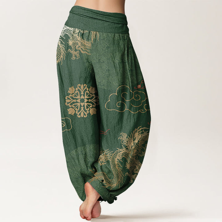 Lässige Haremshose mit goldenem Drachen- und Glückswolkenmuster für Damen mit elastischer Taille und Buddha Stones - image 3