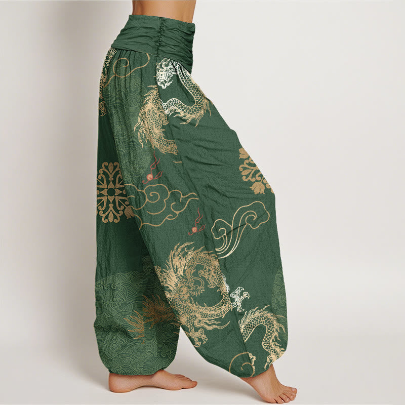 Lässige Haremshose mit goldenem Drachen- und Glückswolkenmuster für Damen mit elastischer Taille und Buddha Stones - image 2
