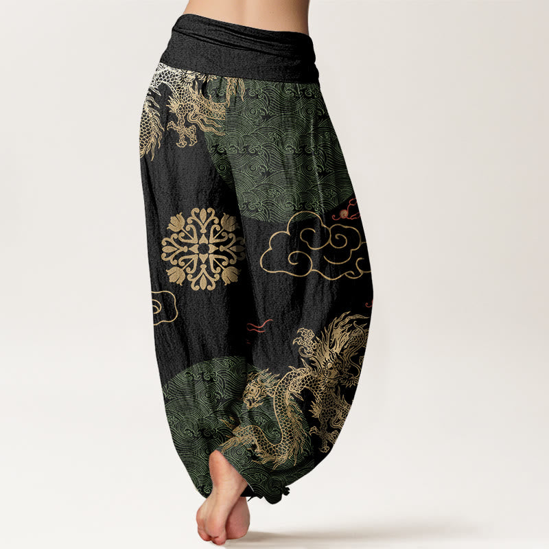 Lässige Haremshose mit goldenem Drachen- und Glückswolkenmuster für Damen mit elastischer Taille und Buddha Stones - image 7