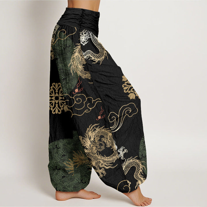 Lässige Haremshose mit goldenem Drachen- und Glückswolkenmuster für Damen mit elastischer Taille und Buddha Stones - image 5