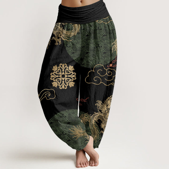 Lässige Haremshose mit goldenem Drachen- und Glückswolkenmuster für Damen mit elastischer Taille und Buddha Stones - Schwarz - US22, UK/AU26, EU54 (6XL) - image 4