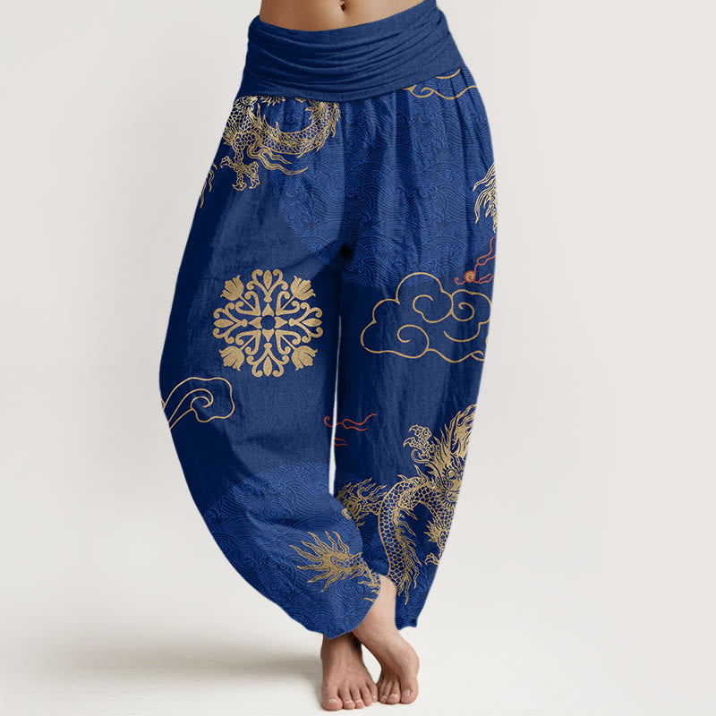 Lässige Haremshose mit goldenem Drachen- und Glückswolkenmuster für Damen mit elastischer Taille und Buddha Stones - Mittelblau - US22, UK/AU26, EU54 (6XL) - image 7