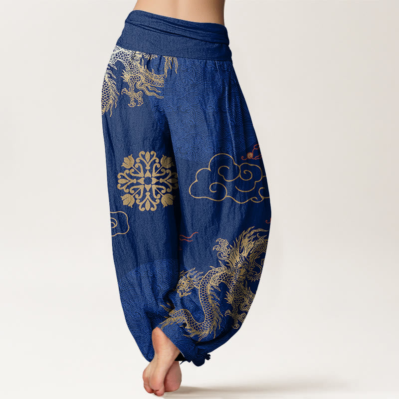 Lässige Haremshose mit goldenem Drachen- und Glückswolkenmuster für Damen mit elastischer Taille und Buddha Stones - image 10
