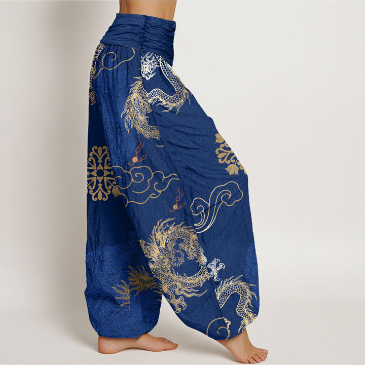 Lässige Haremshose mit goldenem Drachen- und Glückswolkenmuster für Damen mit elastischer Taille und Buddha Stones - image 8