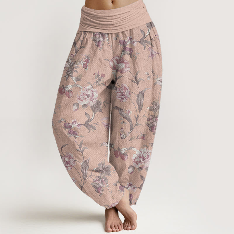 Buddha Stones Damen-Haremshose aus reiner Baumwolle mit rosa Blumenmuster und elastischer Taille
