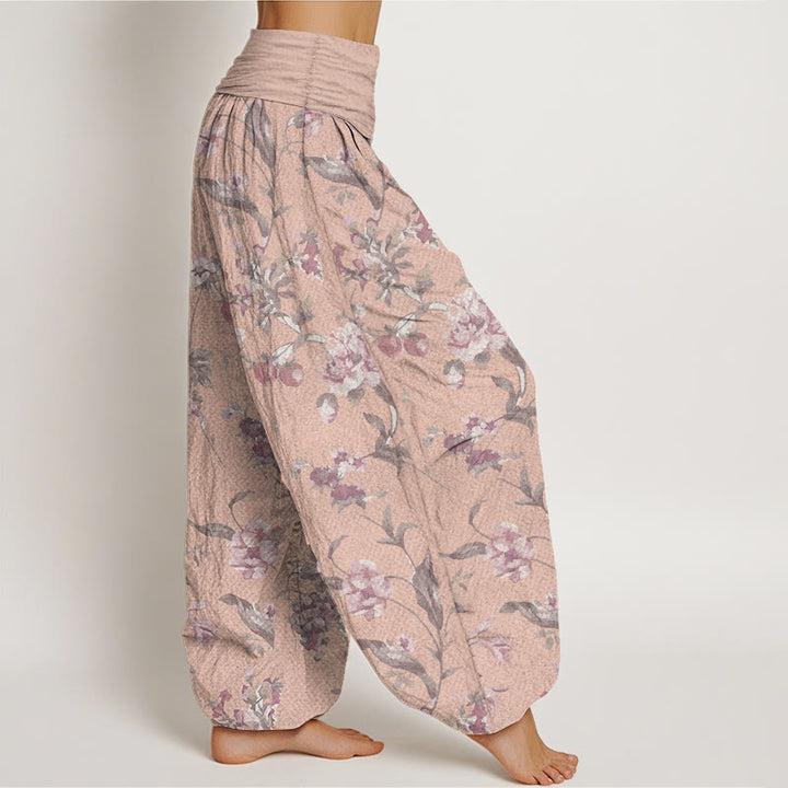 Buddha Stones Damen-Haremshose aus reiner Baumwolle mit rosa Blumenmuster und elastischer Taille