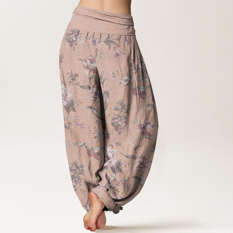 Buddha Stones Damen-Haremshose aus reiner Baumwolle mit rosa Blumenmuster und elastischer Taille