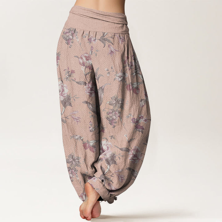 Buddha Stones Damen-Haremshose aus reiner Baumwolle mit rosa Blumenmuster und elastischer Taille