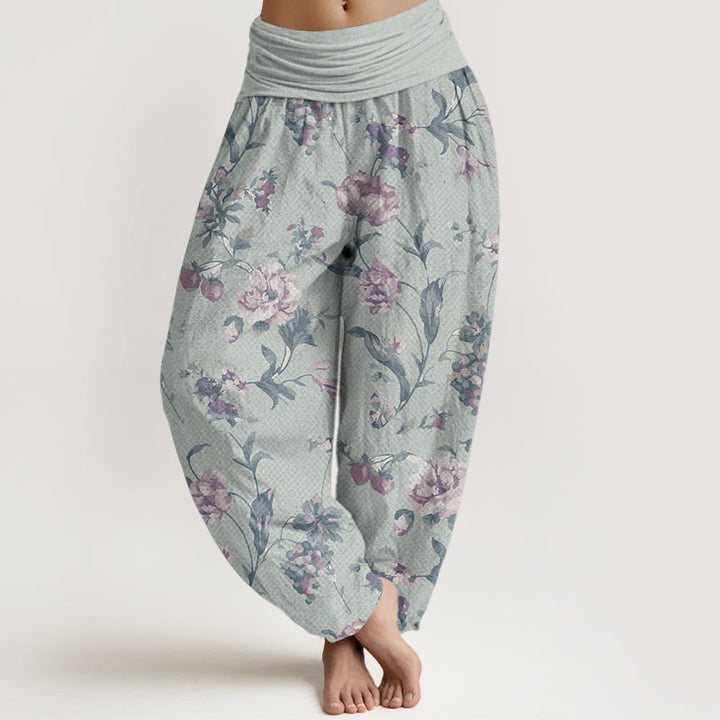 Buddha Stones Damen-Haremshose aus reiner Baumwolle mit rosa Blumenmuster und elastischer Taille