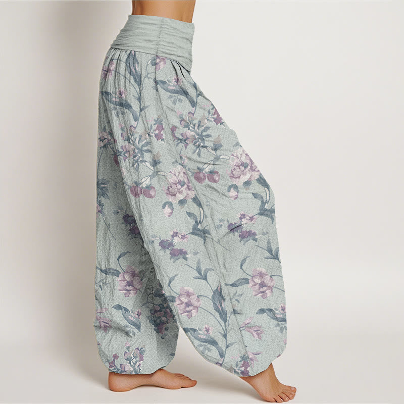 Buddha Stones Damen-Haremshose aus reiner Baumwolle mit rosa Blumenmuster und elastischer Taille