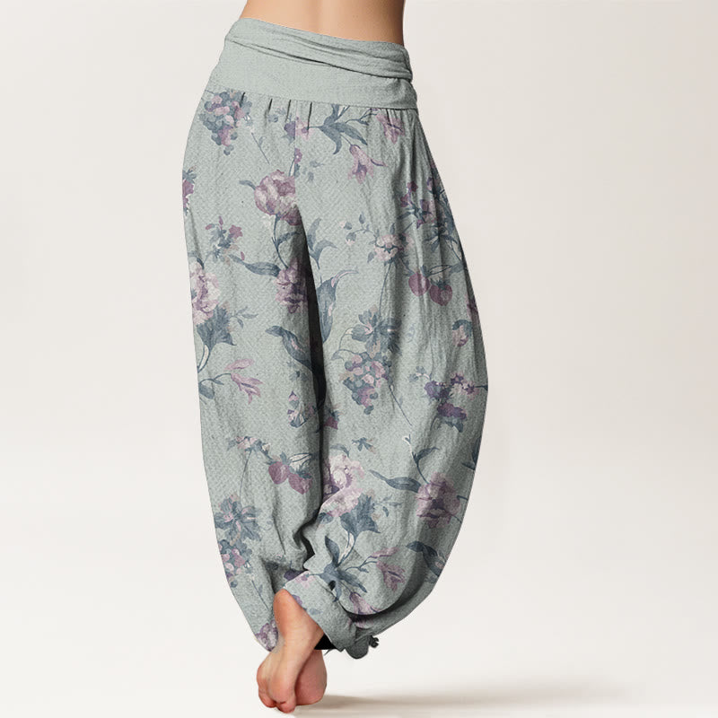 Buddha Stones Damen-Haremshose aus reiner Baumwolle mit rosa Blumenmuster und elastischer Taille