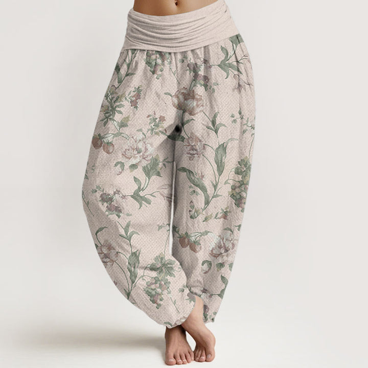 Buddha Stones Damen-Haremshose aus reiner Baumwolle mit rosa Blumenmuster und elastischer Taille