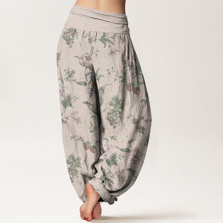 Buddha Stones Damen-Haremshose aus reiner Baumwolle mit rosa Blumenmuster und elastischer Taille