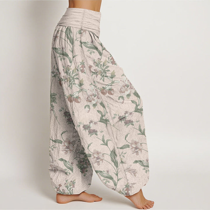 Buddha Stones Damen-Haremshose aus reiner Baumwolle mit rosa Blumenmuster und elastischer Taille