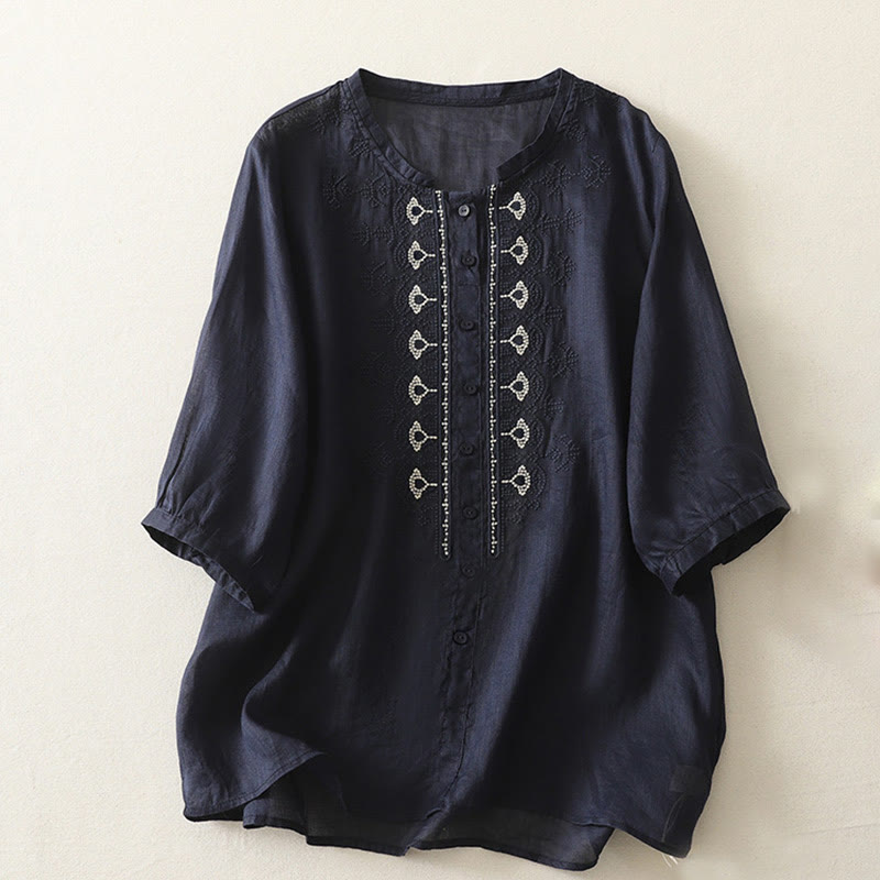 Buddha Stones Symmetrische Stickerei Baumwolle Leinen Damen Halbarm Shirt - Mitternachtsblau - US8-10, UK/AU12-14, EU40-42 (2XL) - image 1