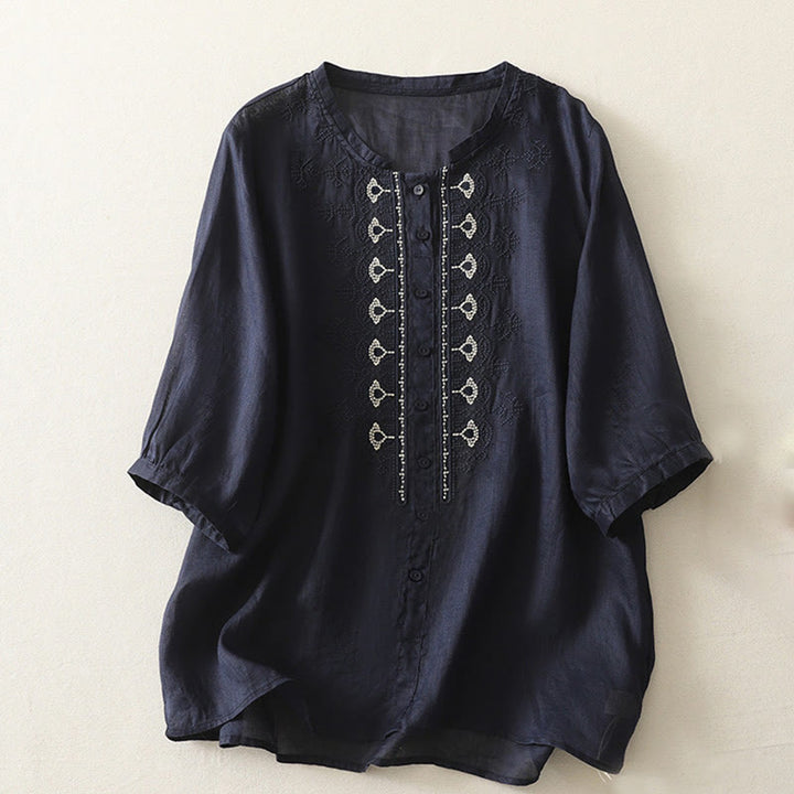 Buddha Stones Symmetrische Stickerei Baumwolle Leinen Damen Halbarm Shirt - Mitternachtsblau - US8-10, UK/AU12-14, EU40-42 (2XL) - image 1