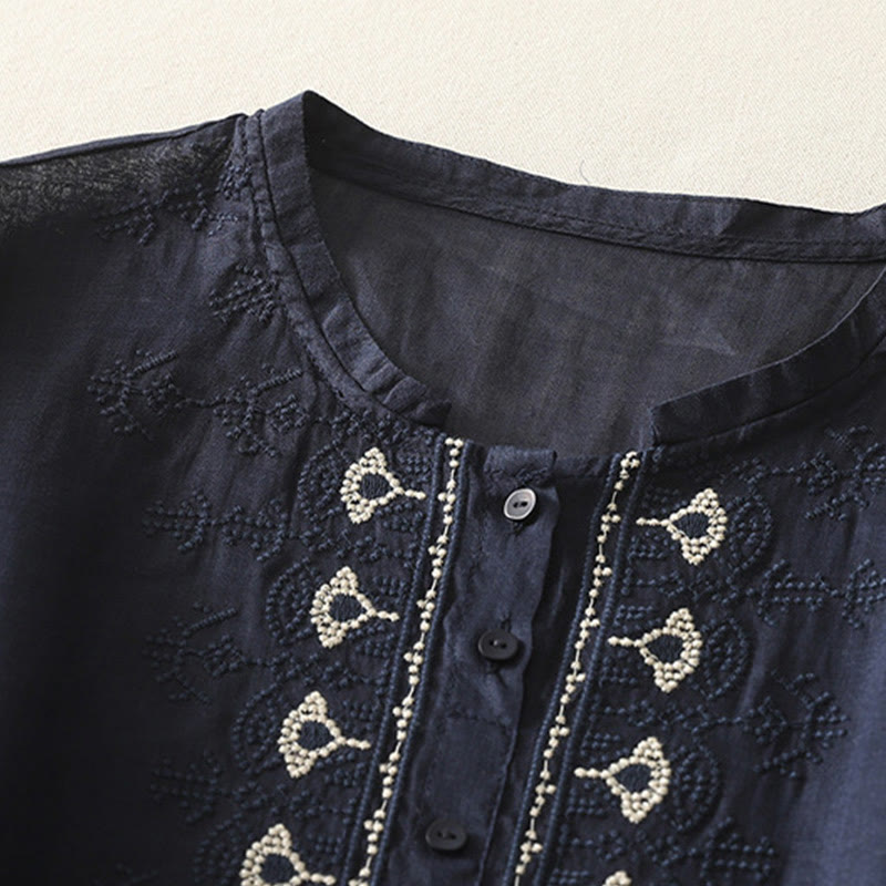 Buddha Stones Symmetrische Stickerei Baumwolle Leinen Damen Halbarm Shirt - image 3