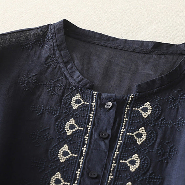 Buddha Stones Symmetrische Stickerei Baumwolle Leinen Damen Halbarm Shirt - image 3