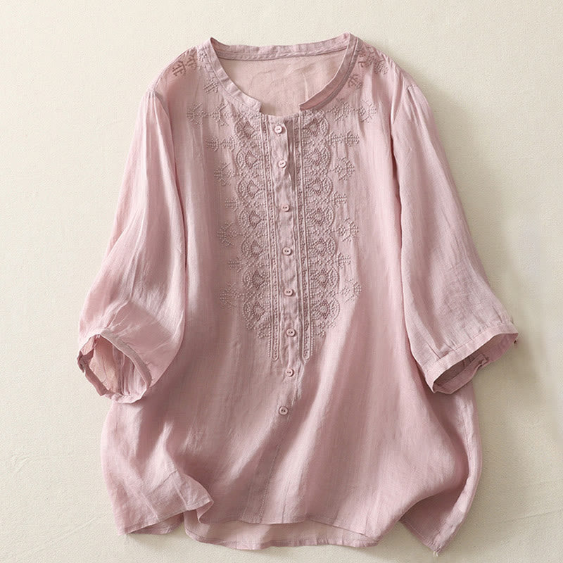 Buddha Stones Symmetrische Stickerei Baumwolle Leinen Damen Halbarm Shirt - Rosa - US8-10, UK/AU12-14, EU40-42 (2XL) - image 7