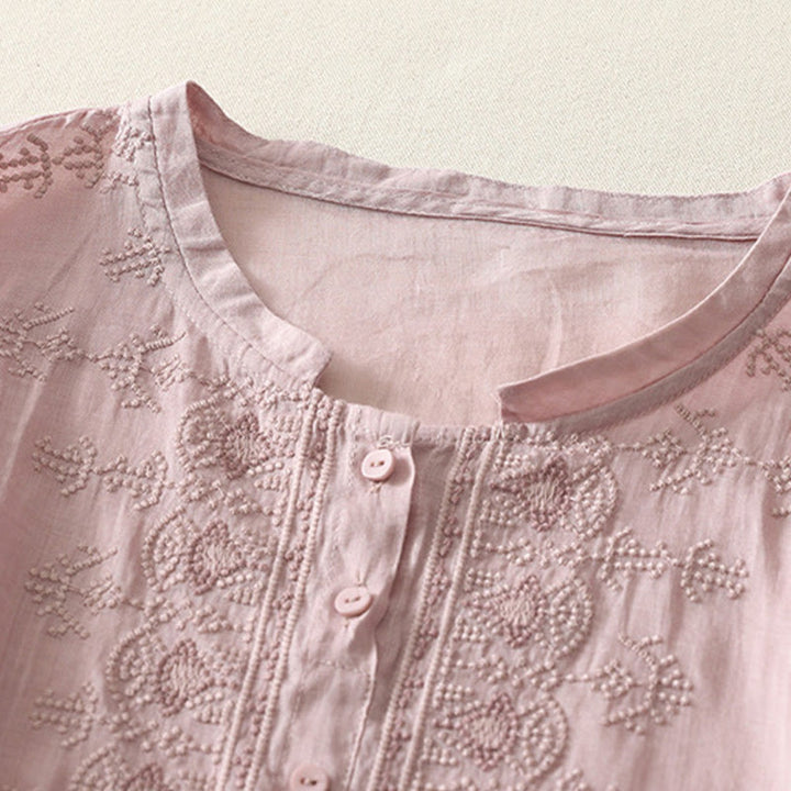 Buddha Stones Symmetrische Stickerei Baumwolle Leinen Damen Halbarm Shirt - image 12