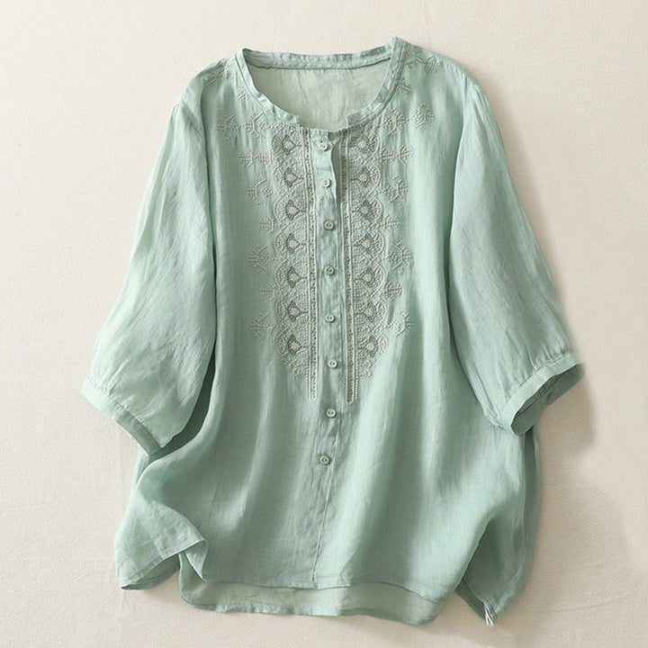Buddha Stones Symmetrische Stickerei Baumwolle Leinen Damen Halbarm Shirt - MittelAquamarin - US8-10, UK/AU12-14, EU40-42 (2XL) - image 13
